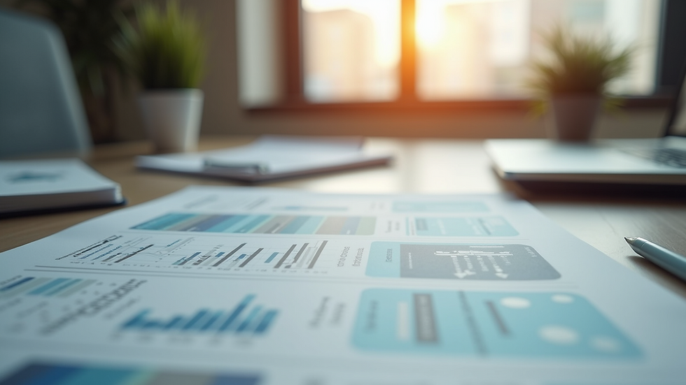 Eye-level view of a modern office desk with marketing strategy documents