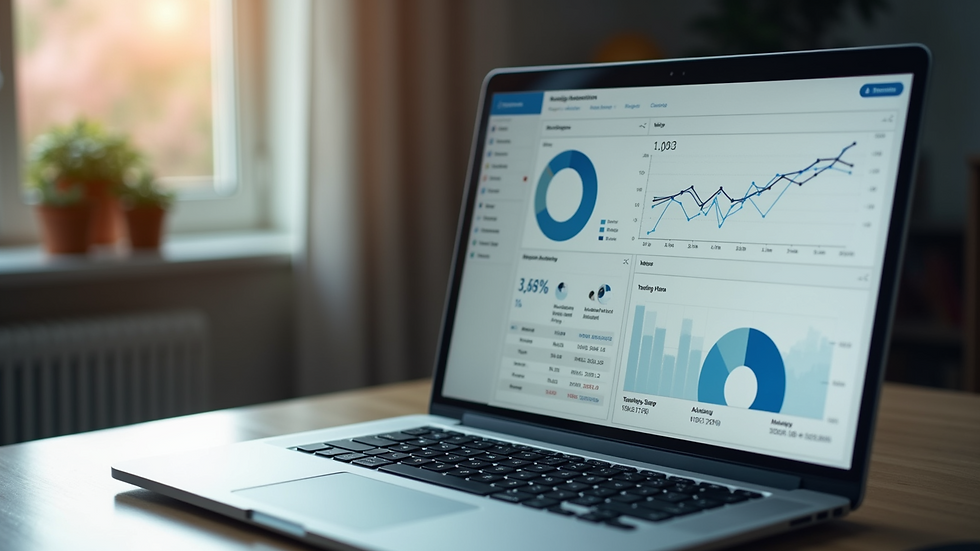 High angle view of a laptop screen showing marketing analytics dashboard