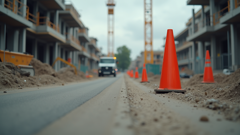 Eye-level view of a construction site with safety equipment