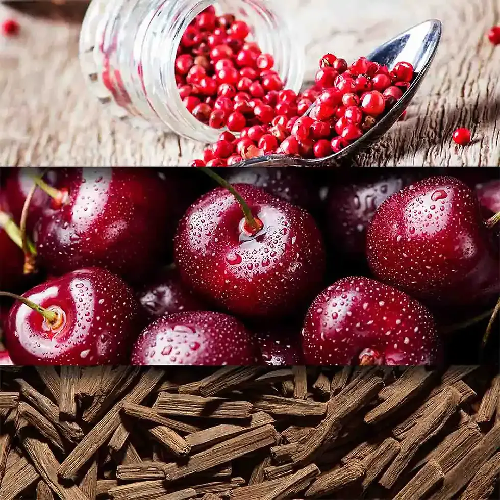 Cerise noire et chocolat noir avec vanille, cèdre et bois de santal - harmonieux et oriental.