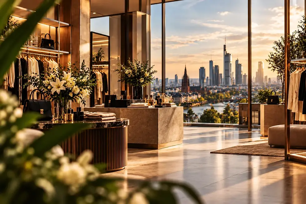 Een elegante modeboetiek met uitzicht over Frankfurt dient als voorbeeld van professionele parfummarketing in de detailhandel.