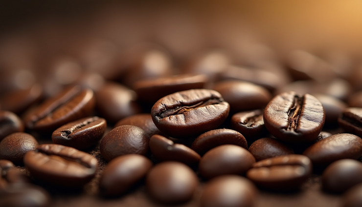 Vista laterale di chicchi di caffè tostati con riflessi lucidi