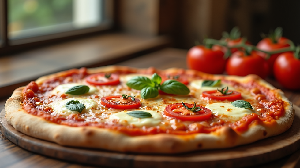 Vista frontale di una pizza napoletana con mozzarella di bufala e pomodoro San Marzano