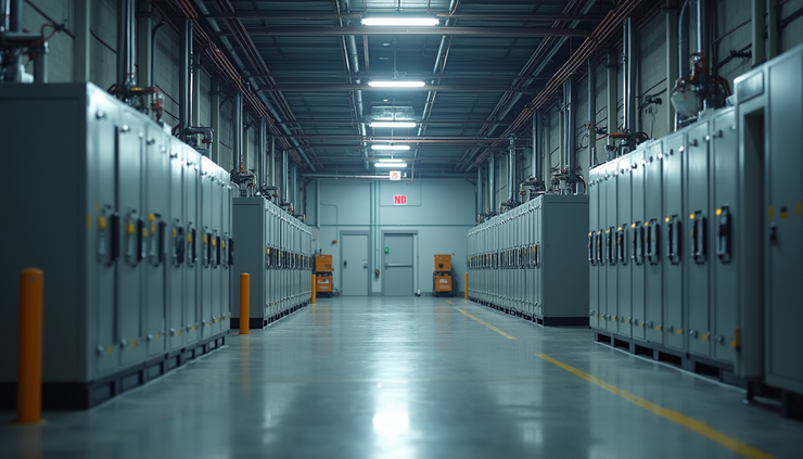 Vista frontale di un capannone industriale con impianti elettrici visibili