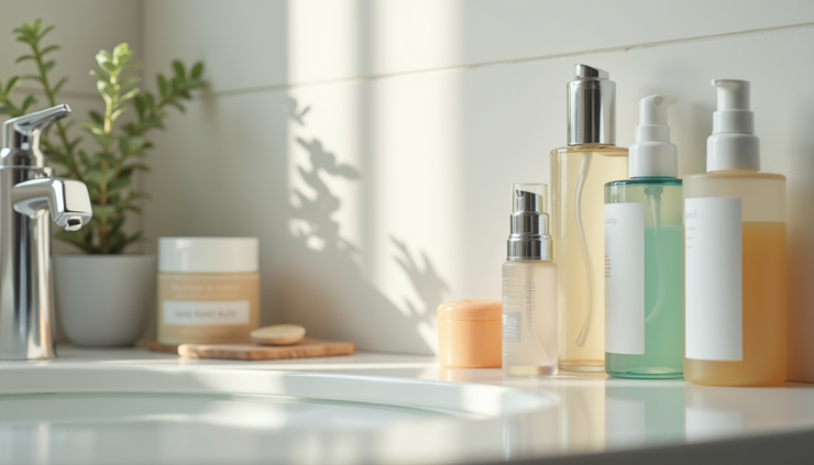 Vista ravvicinata di prodotti Ciapèt disposti ordinatamente su un piano bagno