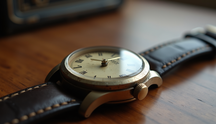 Vista ravvicinata di un orologio vintage con quadrante invecchiato e cassa in acciaio