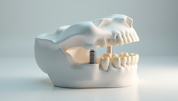 Vista laterale di un modello 3D di mascella con impianti dentali pianificati digitalmente