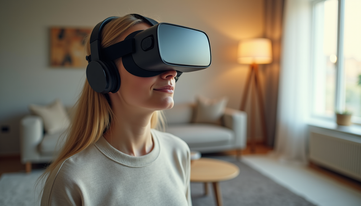 Vista a livello occhi di un visore VR con rendering di un appartamento moderno