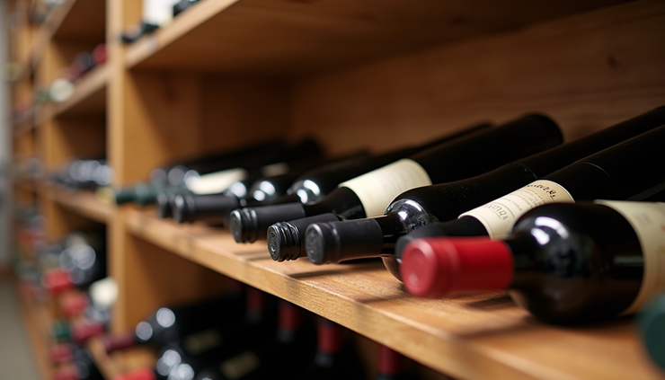 Vista a livello occhi di una selezione di bottiglie di vino rosso e bianco su scaffale in legno