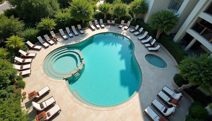 Vista panoramica della piscina con idromassaggio e area relax a Loano