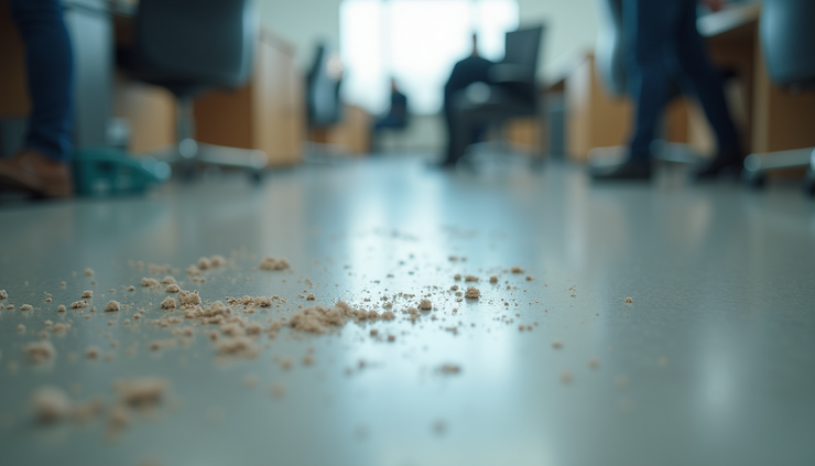 Vista ravvicinata di un pavimento in ufficio con segni di sporco e residui di polvere