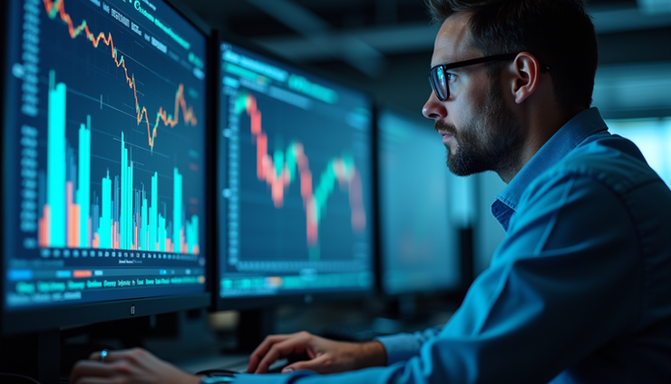Vista a livello occhi di un tecnico che analizza grafici di performance su schermo in un centro dati bancario