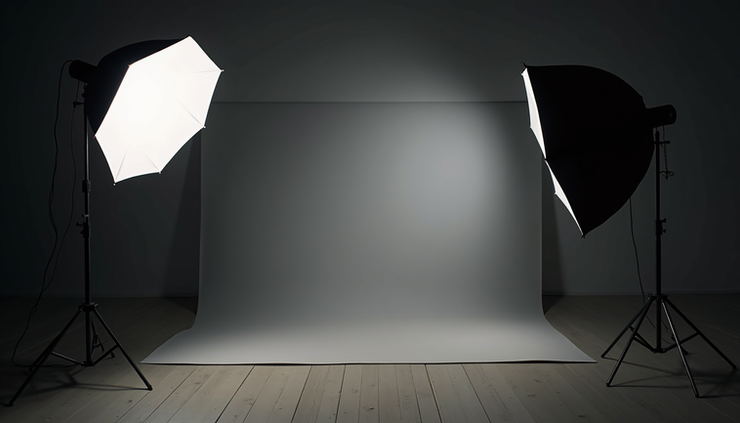 Vista frontale di un set fotografico con luci e attrezzatura professionale