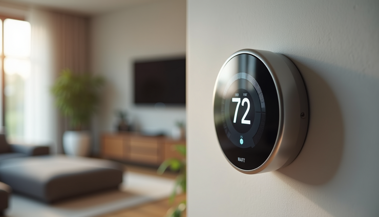 Vista frontale di un termostato intelligente montato su una parete di un appartamento moderno