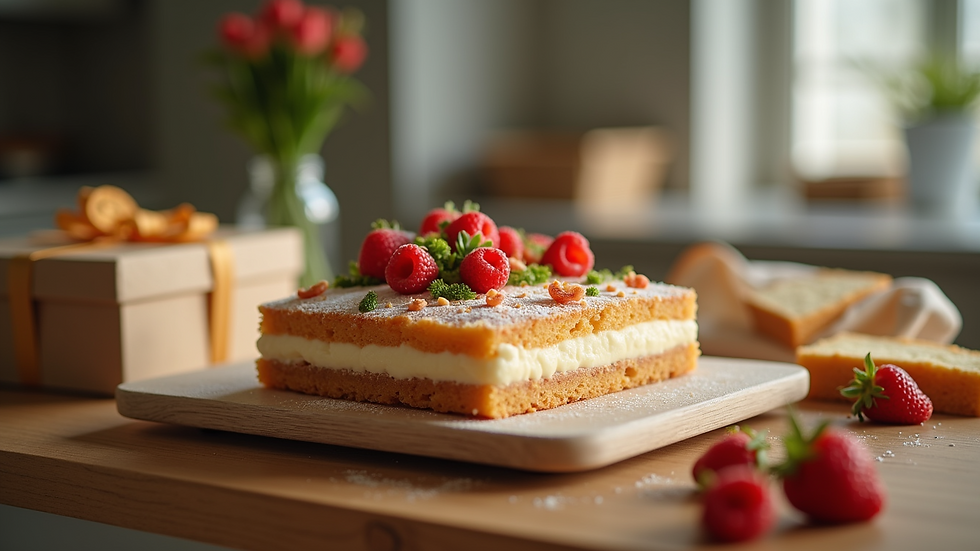 Eye-level view of a beautifully packaged cake ready for delivery