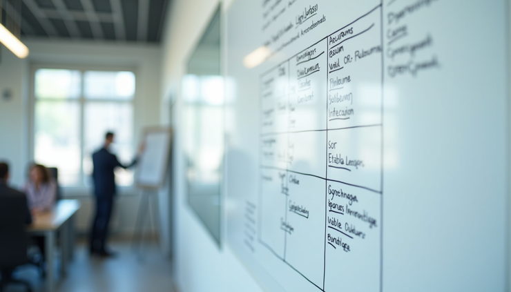 Vista frontale di un ufficio con grafici di margini e struttura aziendale su lavagna