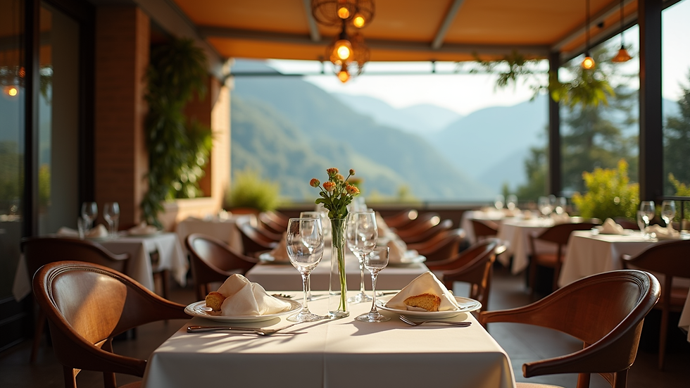 Vista dall'alto del ristorante L'Angolo di Parin con tavoli apparecchiati e atmosfera accogliente