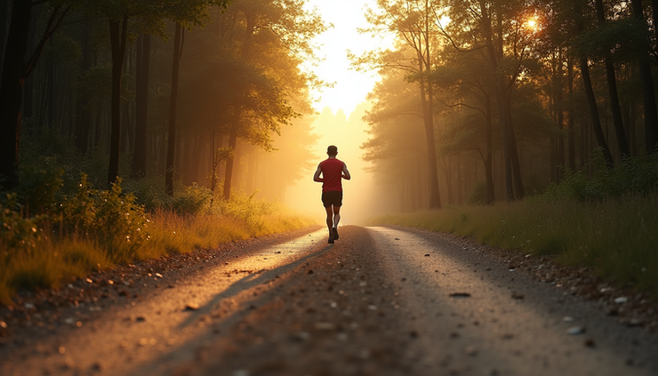 Vista frontale di un corridore che percorre una strada sterrata immersa nella natura