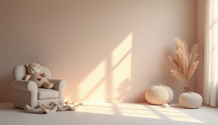 Vista frontale di uno studio fotografico a Torino con luci soffuse e accessori per servizio newborn