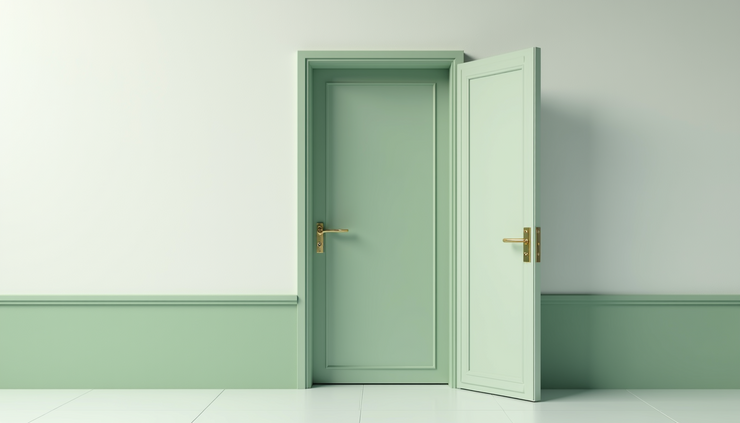 Vista laterale di una porta finestra bicolore con interno bianco e esterno verde salvia