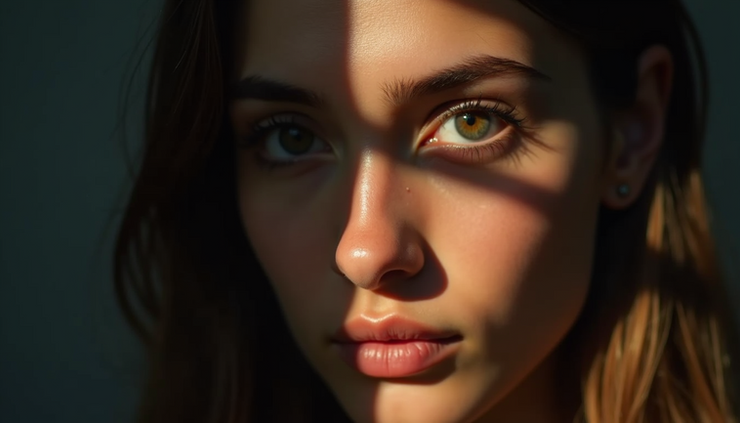 Vista frontale di un ritratto con luce dura che crea ombre nette sul volto