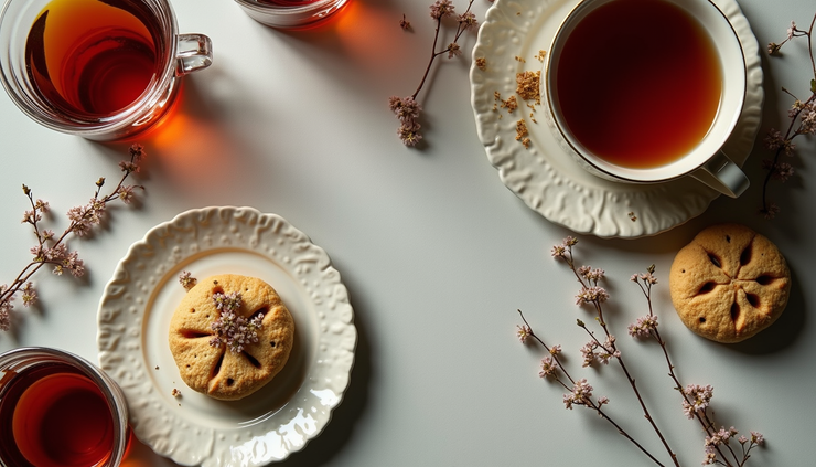 Vista dall’alto di una tavola apparecchiata con tè, tisane e dolcetti artigianali