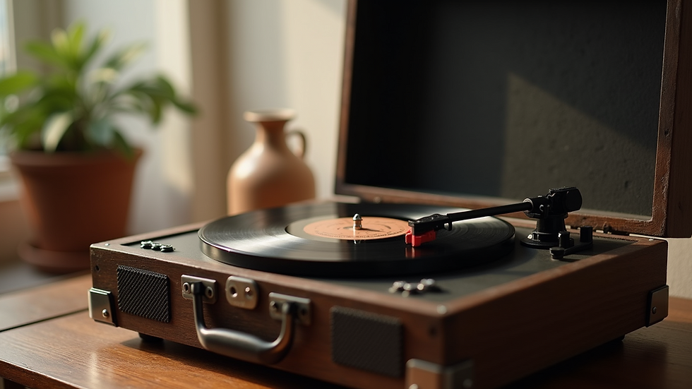 Close-up view of a vintage record player with vinyl records