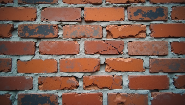 Vista ravvicinata di una parete di mattoni con crepe e segni del tempo