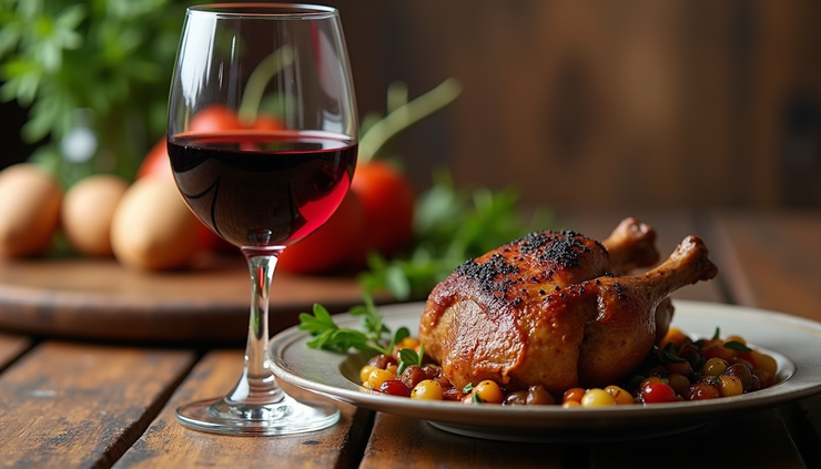 Vista ravvicinata di un calice di vino rosso accanto a un piatto di carne arrosto