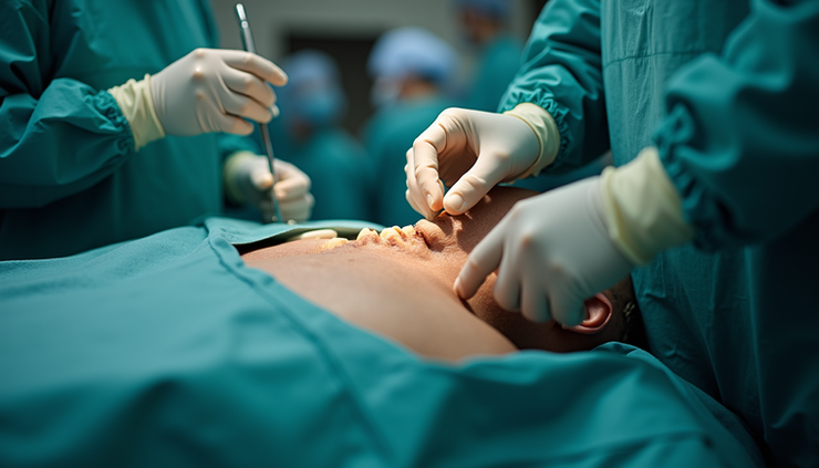 Vista laterale ravvicinata di un intervento neurochirurgico sulla colonna vertebrale