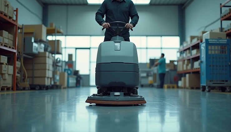 Vista frontale di operatore che utilizza macchina lavapavimenti su superficie industriale