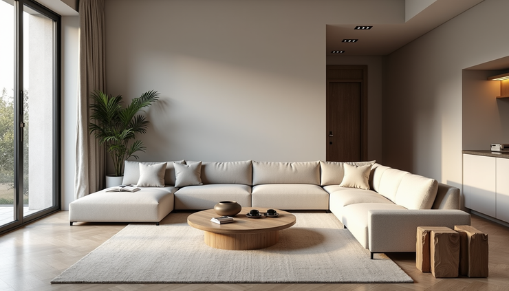 Vista a livello occhi di un soggiorno moderno con elementi architettonici ristrutturati e dettagli originali restaurati