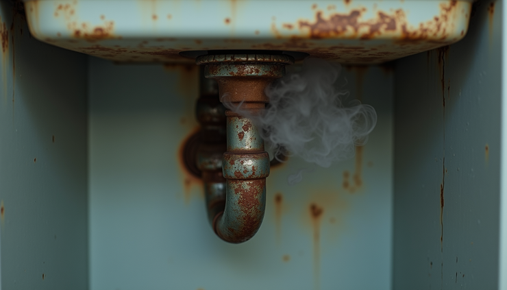Vista laterale di un tubo di scarico sotto il lavello con segni di corrosione e fumo che esce dal tubo