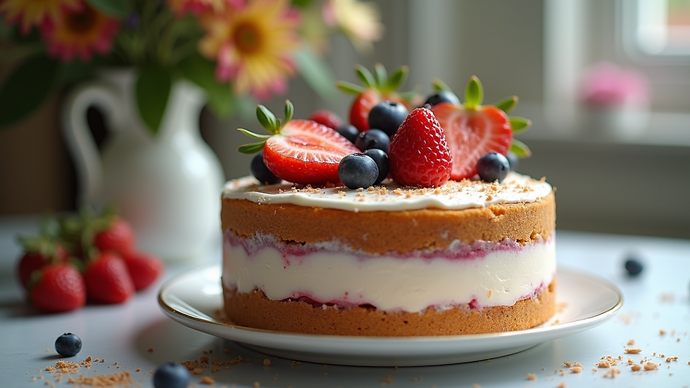 Close-up view of a beautifully decorated cake with fresh fruits and flowers