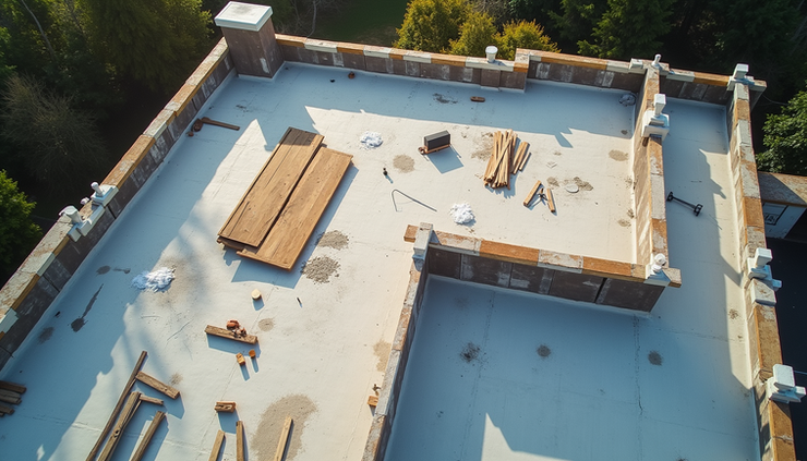 Vista dall’alto di un tetto in rifacimento con materiali e attrezzature disposti ordinatamente