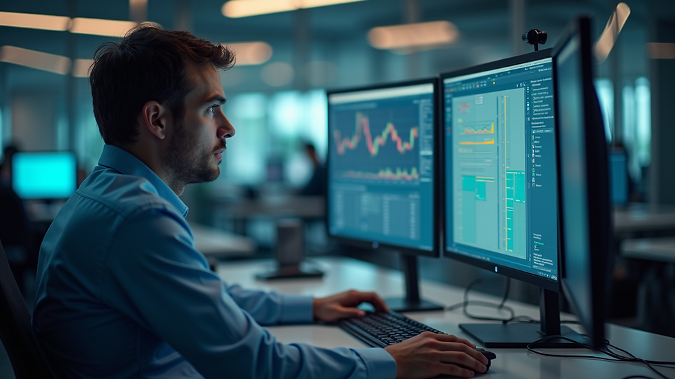 Vista laterale di un tecnico IT che monitora sistemi su più schermi