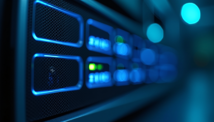 Vista frontale di un server bancario con luci LED blu che indicano attività in corso
