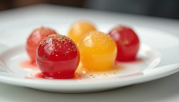 Vista ravvicinata di sfere di succo di frutta su un piatto bianco