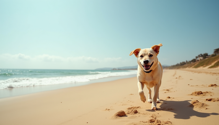 Vista panoramica della spiaggia di Loano con un cane che corre sulla sabbia