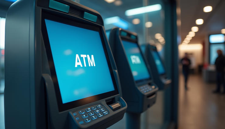 Vista frontale di un terminale ATM con scanner biometrico integrato per accesso sicuro