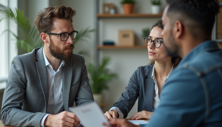 Vista a livello degli occhi di un imprenditore che discute con un coach durante una sessione di lavoro