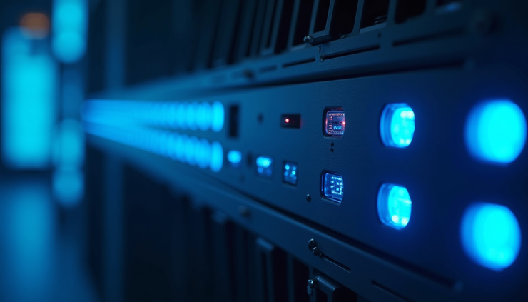 Vista ravvicinata di un server dati bancario con luci LED blu