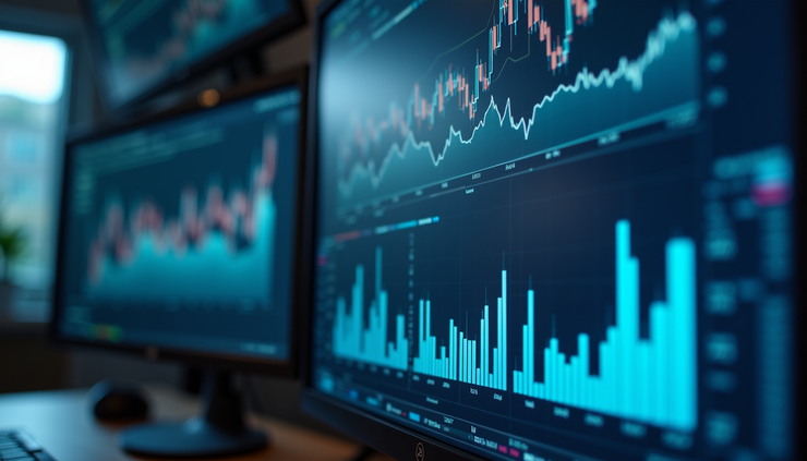 Vista a livello occhi di una scrivania con grafici e dati su schermo digitale