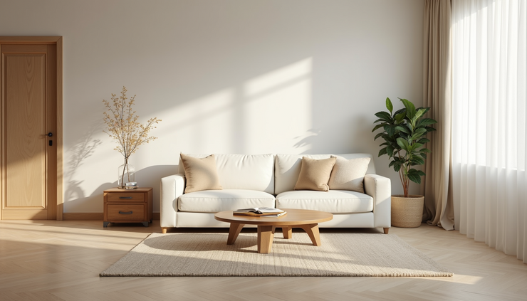 Vista a livello occhi di un soggiorno minimalista con pareti neutre e arredi in legno naturale