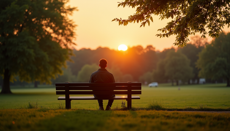Vista a livello degli occhi di una persona seduta su una panchina in un parco verde, che osserva il tramonto
