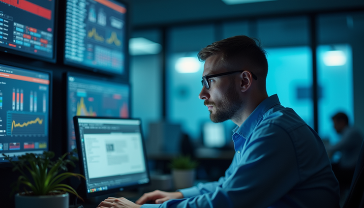 Vista frontale di un tecnico informatico che monitora sistemi di sicurezza digitale