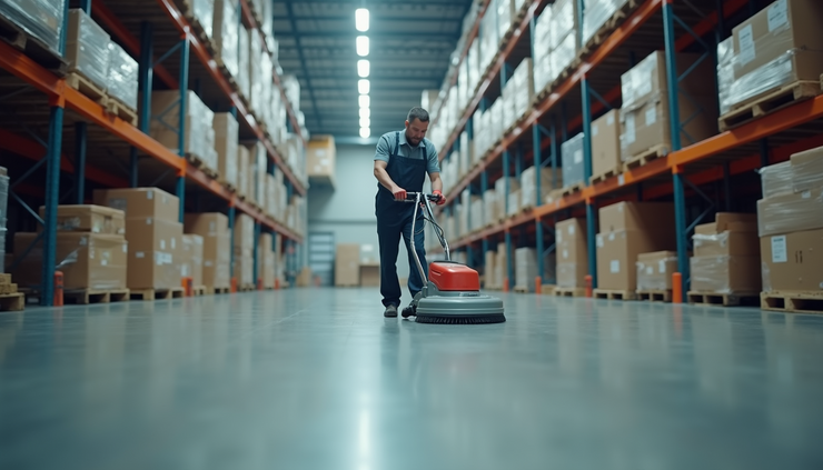 Vista a livello occhi di un operatore che utilizza una lavasciuga pavimenti in un magazzino ampio e ordinato