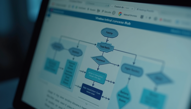 Vista ravvicinata di un diagramma di flusso di processo bancario su uno schermo