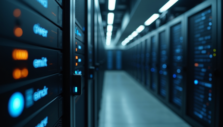 Vista ravvicinata di un server bancario durante una migrazione dati