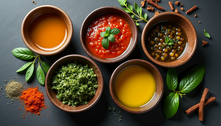 Vista dall’alto di ciotole con diverse marinature colorate e ingredienti freschi
